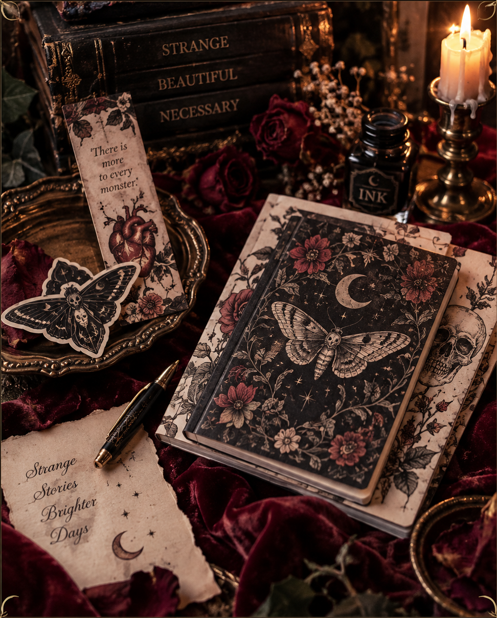 Gothic stationery, antique books, roses, ink, and candlelight arranged on a literary writing desk